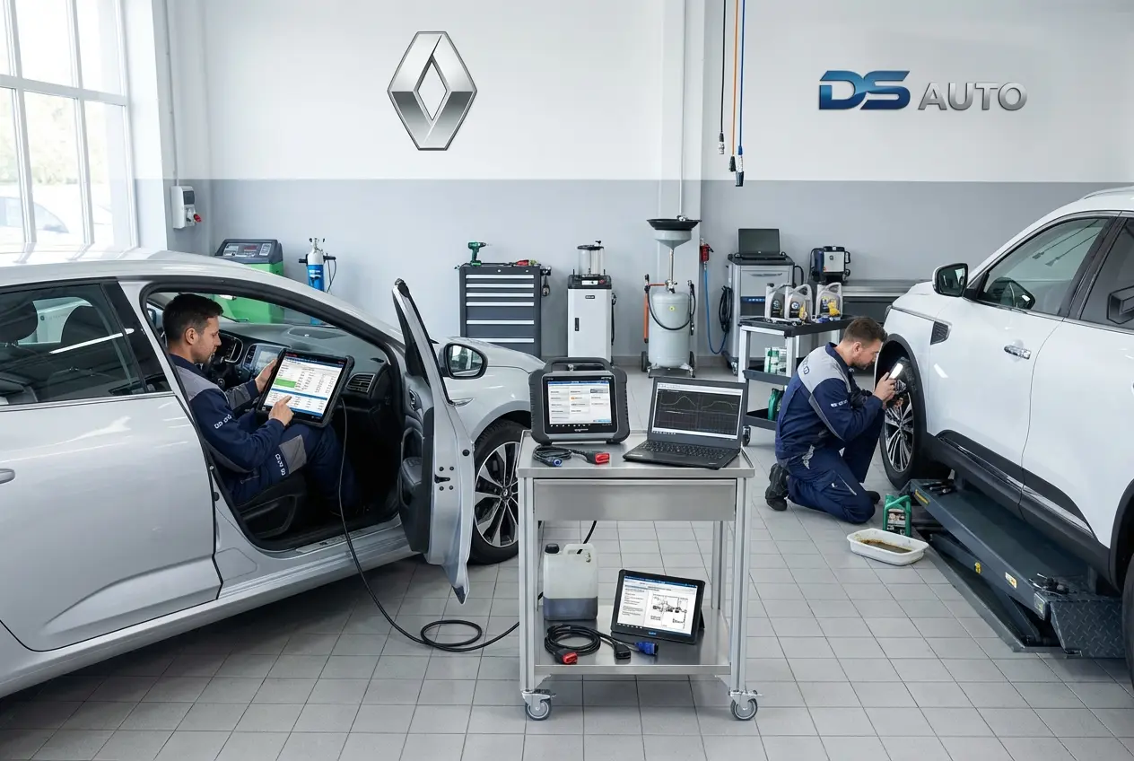 Диагностическое оборудование подключено к автомобилю Renault в автосервисе DS Auto Жуковский

