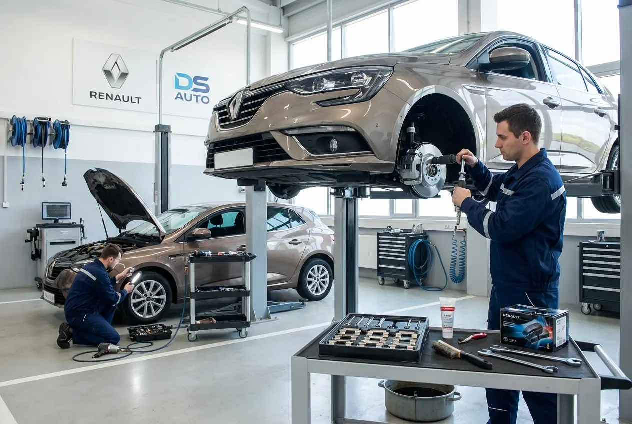 Процесс замены передних тормозных колодок Renault в автосервисе DS Auto в Жуковском

